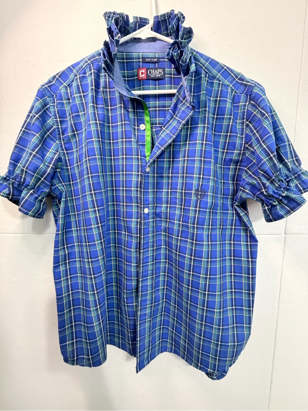 Ruffle collar Upcycled Chaps Blue Plaid Short-Sleeve Button-Up Shirt